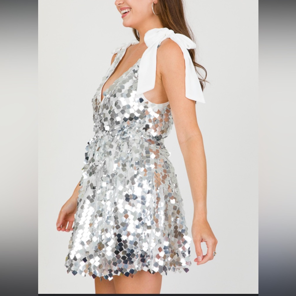Buddy Love Silver Sequin A-Line Mini Dress with White Tie Straps - Picture 3 of 15